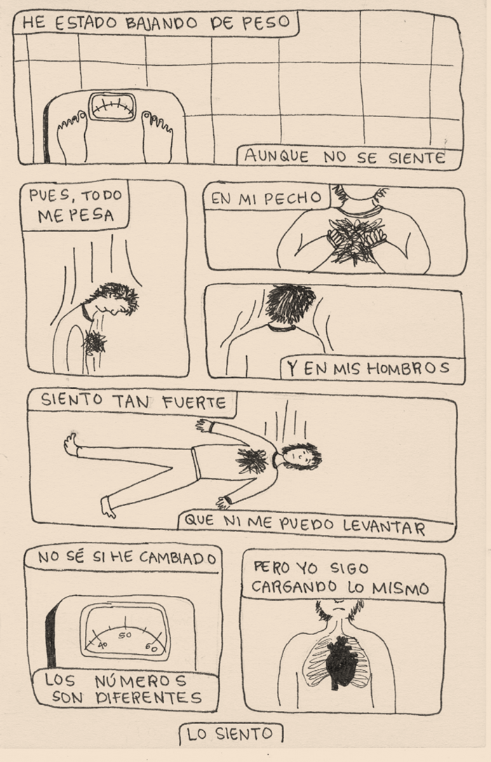 Fondo color crema de la imagen, todas las figuras están hechas solo con las siluetas. El texto y la líneas de los dibujos son negras. 
Primer recuadro del cómic: Vista aérea de un piso con azulejos, una báscula y dos pies. Dos cuadros de texto.
Esquina superior izquierda: "He estado bajando de peso"
Esquina inferior derecha: "aunque no se siente".
Segundo recuadro del cómic. Vista de perfil de una persona. La persona tiene el cabello corto y usa una playera de cuello redondo. Con la cabeza agachada, se le nota también triste. Sobre su cuello y espalda se encuentran una líneas, como si algo estuviera bajando. En su pecho se ve una maraña oscura. Un cuadro de texto en la esquina superior derecha: "Pues, todo me pesa". 
Al lado derecho, dos recuadros más cortos pero alargados. En el superior se ve a la persona de frente, con las manos sobre el pecho y cubriendo la maraña oscura. Un cuadro de texto en la esquina superior izquierda que lee: "En mi pecho". En el recuadro inferior se ve a la persona de espaldas, dos líneas curveadas sobre el hombro derecho; tres sobre el izquierdo. En la esquina inferior izquierda un cuadro de texto "Y en mis hombros".
Quinto recuadro del cómic. Se ve a la persona acostada en el piso, brazos a los lados, una expresión de angustia en su rostro. Cinco líneas bajan y se observan a la altura de su cien, su oreja, su barbilla, su hombro y su brazo.  Dos cuadros de texto. En la esquina superior izquierda "Siento tan fuerte"; en la esquina inferior derecha: "Que ni me puedo levantar". 
Sexto recuadro del cómic. Una báscula en la que se alcanzan a ver los números en una ventana. En el semicírculo se leen los número, 40, 50 y 60. Dos cuadros de texto, uno en la parte superior: "No sé si he cambiado" y en la parte inferior: "Los números son diferentes". 
último recuadro del cómic. Se ve a la persona de frente, está vez solo se ve desde su nariz hasta su abdomen. En su pecho podemos ver sus costillas y su corazón. En la parte superior un cuadro de texto: "Pero yo sigo cargando lo mismo". 
Como cierre, un cuadro de texto a la altura del centro vertical de la imagen pero en el margen inferior: "Lo siento".